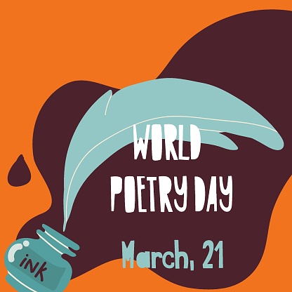 World poetry day, march 21. Vector illustration of inkwell and feather.