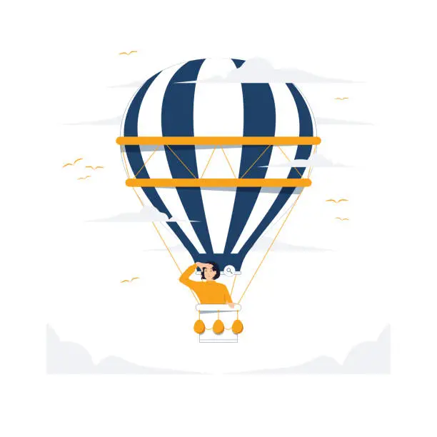 Vector illustration of Hot air balloon flight floating over a scenic landscape. Happy woman soaring, flying in basket in sky among clouds. searching for employees finding work or vacancy concept illustration