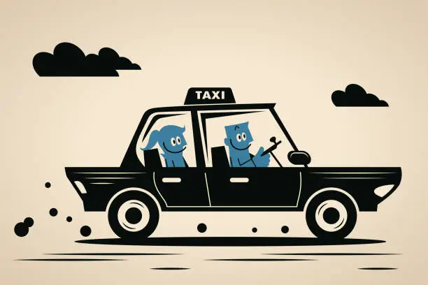 Vector illustration of A smiling blue man driving a taxi and carrying a female passenger