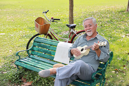 Happy smiling asian senior man with beard sitting on bench playing ukulele and singing a song in garden park outdoor. Musical and relaxation makes elder male happiness. Health care lifestyle concept.