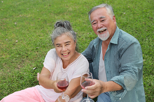 Happy asian senior man and woman sitting on blanket and having fun   on picnic together in garden outdoor. Lover couple drinking wine and embracing at the park. Happiness marriage lifestyle concept.