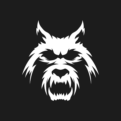 Stylized silhouette of a dog, wolf, or werewolf head with open mouth - cut out vector icon for dark background