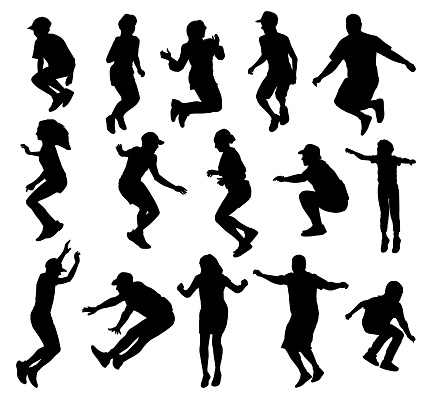 Vector silhouettes of people jumping in the air on a white background.