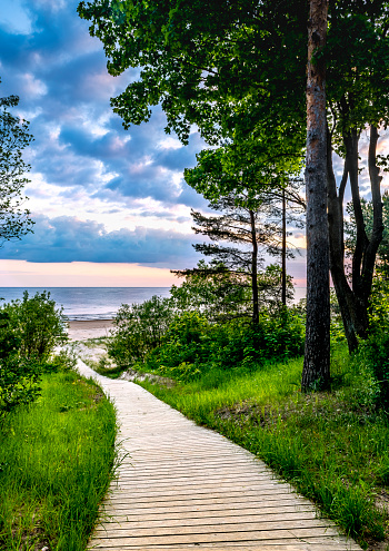 Footpath leading to a sand beach of the Baltic Sea in Jurmala – famous tourist resort in Latvia.