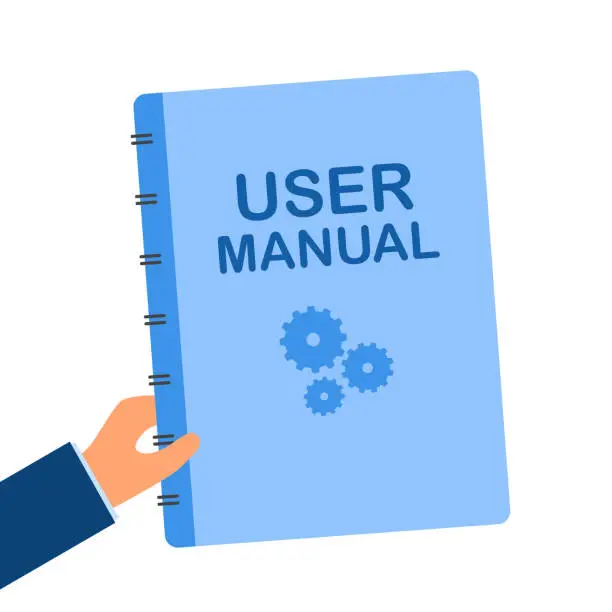 Vector illustration of Businessman holding user manual in flat design on white background.
