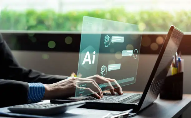 Photo of business people using artificial intelligence (AI) Automation, Predictive analytics, Customer service AI-powered chatbot, analyze customer data, Futuristic technology transformation.