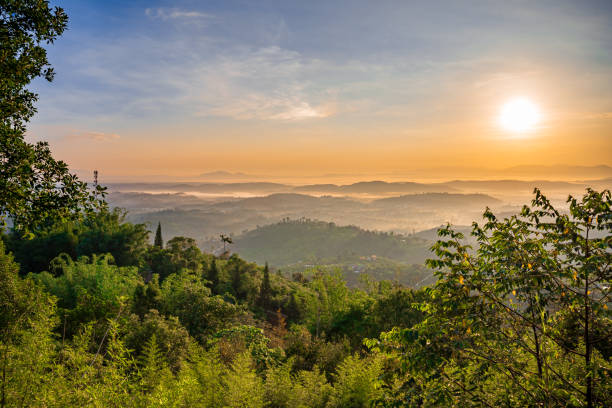 istock Mountain range with visible silhouettes through the morning colorful fog 1495004865