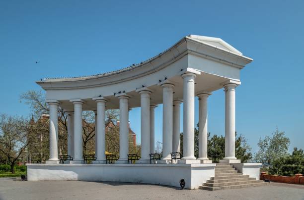 Chernomorsk, Ukraine 14.05.2023. Colonnade in Chernomorsk, Odessa region of Ukraine, on a sunny spring day