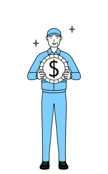 모자를 쓰고 작업복을 입은 노인은 외환 이익과 달러 절상의 이미지를 가지고 있다. - hat savings business manager stock illustrations