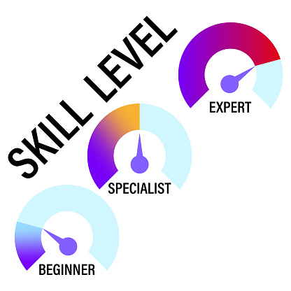 Level skill meter diagram. Difference between beginner specialist and expert. Performance evaluation. Career steps. vector illustration. EPS 10.