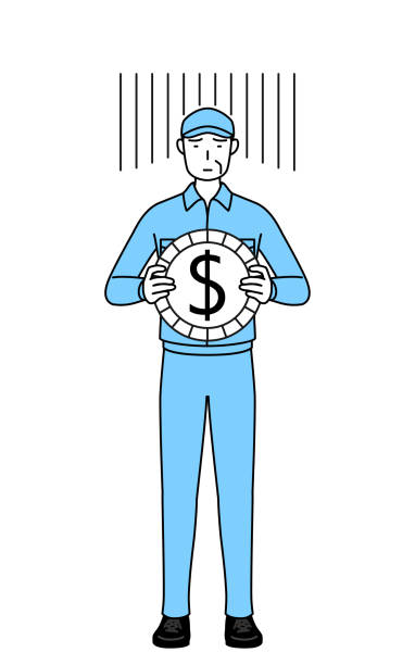 모자와 작업복을 입은 노인, 교환 손실 또는 달러 가치 하락의 이미지 - hat savings business manager stock illustrations