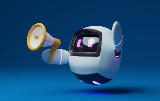 istock Cute robot holding megaphone on blue background 1495008030