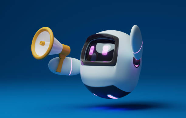 cute robot holding megaphone on blue background - announcement message robot public speaker message imagens e fotografias de stock