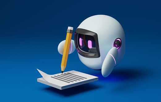 Cute robot holding a pencil to write a message on a piece of paper. Artificial intelligence technology, content creators, content or blogs, online marketing. 3d render illustration.