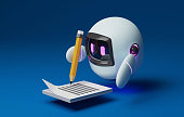 Cute robot holding a pencil to write a message on paper with blue background