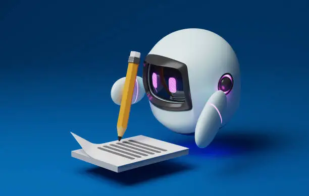 Photo of Cute robot holding a pencil to write a message on paper with blue background