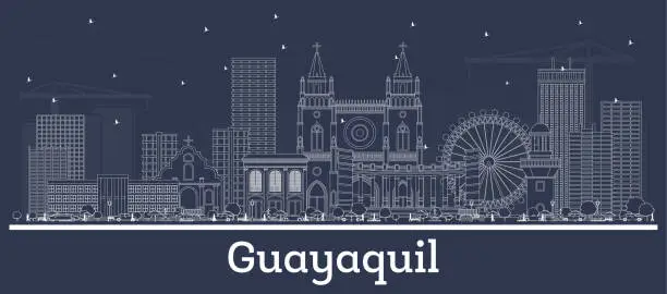 Vector illustration of Outline Guayaquil Ecuador City Skyline with White Buildings.