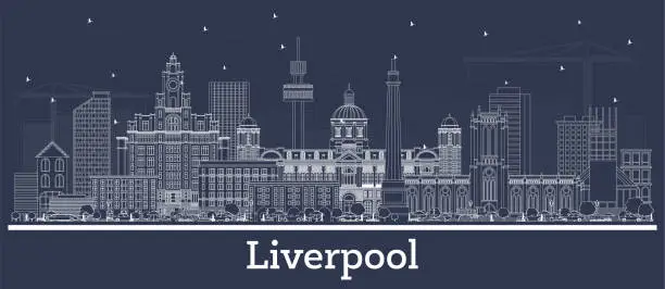 Vector illustration of Outline Liverpool City Skyline with White Buildings.