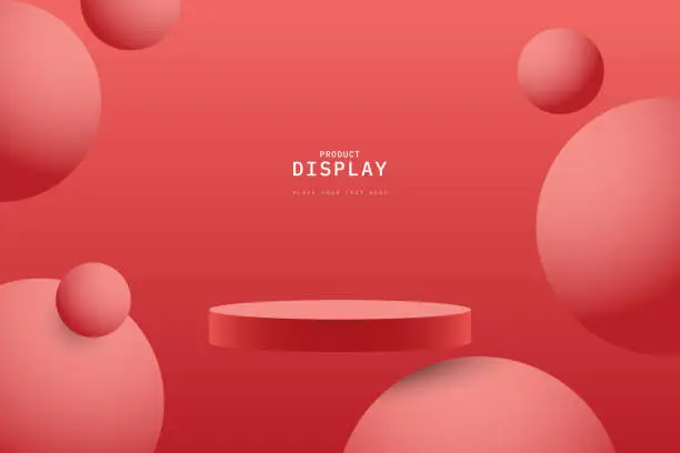 Vector illustration of Red studio room. 3d cylinder podium realistic floating or flying on the air, Scene with sphere balls flying. design for show cosmetic or product display presentation. Abstract 3d vector rendering