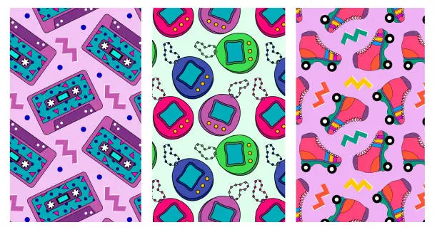 Vector illustration of Set of retro seamless patterns. Vintage pattern with audio tape cassettes, tamagotchi, roller skates and abstract figures. Vintage style 90s, 80s background.