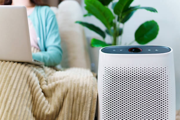 istock Woman using air purifier while stay in living room 1495013041