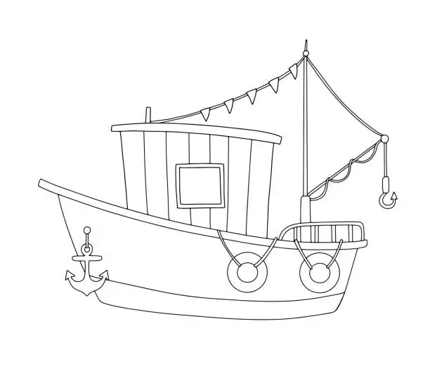 Vector illustration of Cute line fishing boat illustration isolated on white. Funny ship sailing on sea. Vector doodle sketch