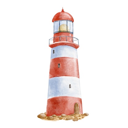 Striped red and white lighthouse on stones. Watercolor illustration isolated on white background, hand drawn clipart.