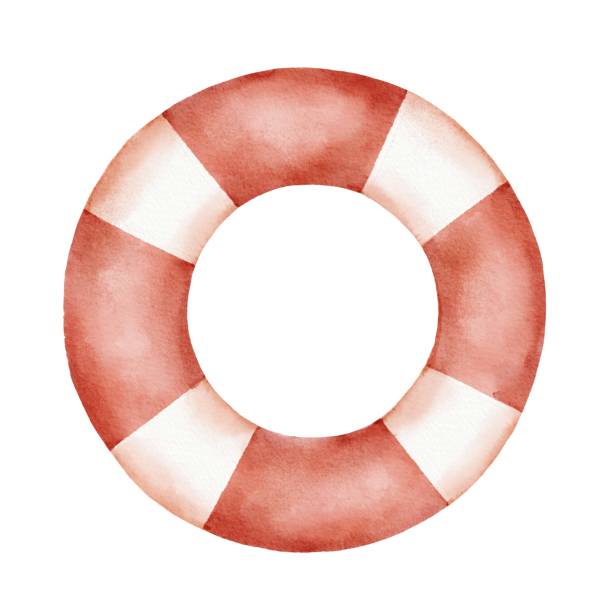 Red and white lifebuoy. Watercolor nautical illustration isolated on white background