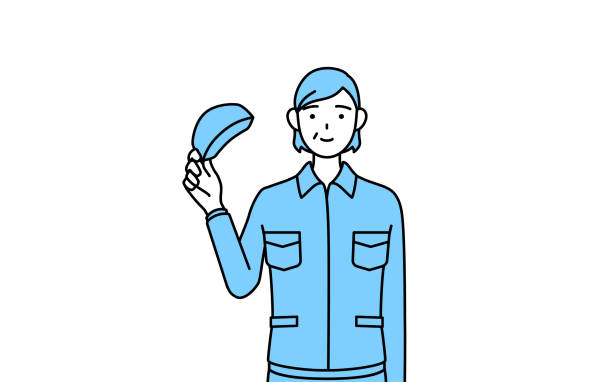 ilustraciones, imágenes clip art, dibujos animados e iconos de stock de mujer mayor con sombreros y ropa de trabajo saludándose con sombreros quitados - meals on wheels illustrations