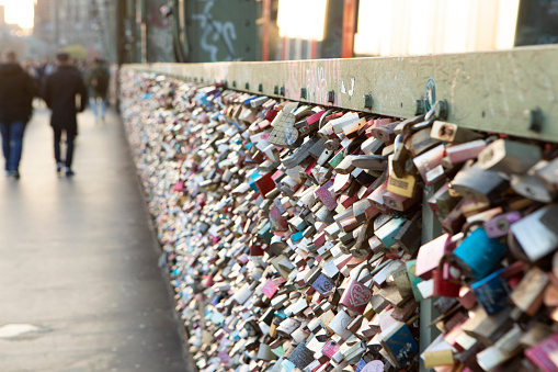 Ljubljana, Slovenia - October 13, 2014: Many Rusty Padlocks Lock Fence at Bridge Over Ljubljanica River.