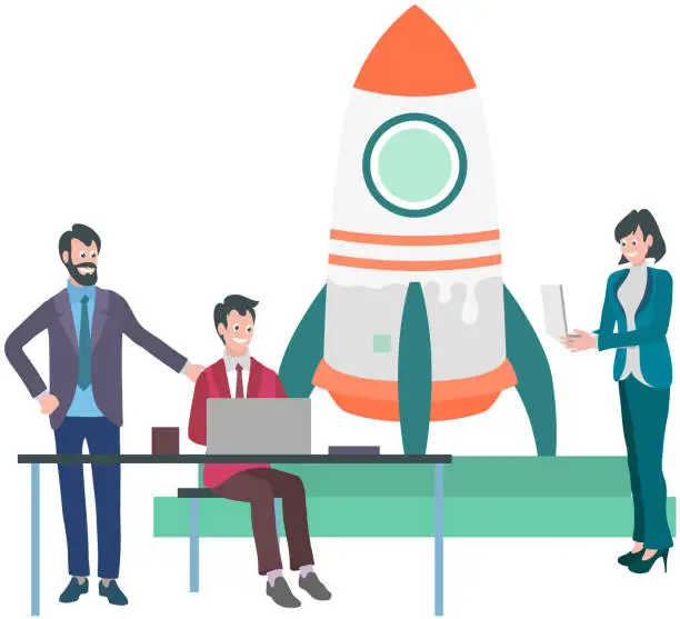 Vector illustration of Business meeting with people and rocket launch. Innovative project, flying up rocket, startup