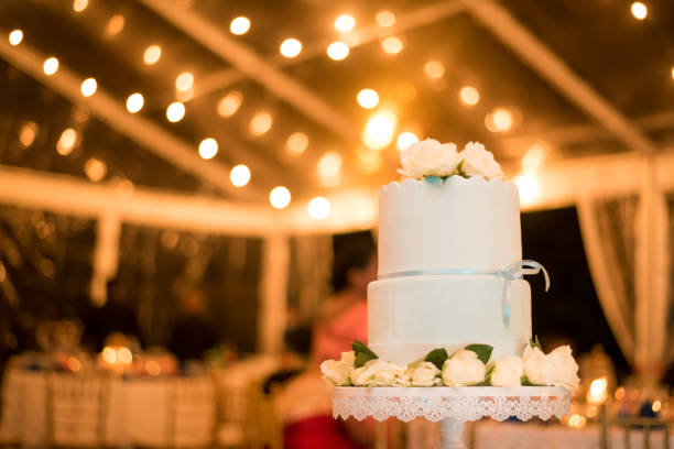 Beautiful Close up of a Wedding cake with light bokeh background