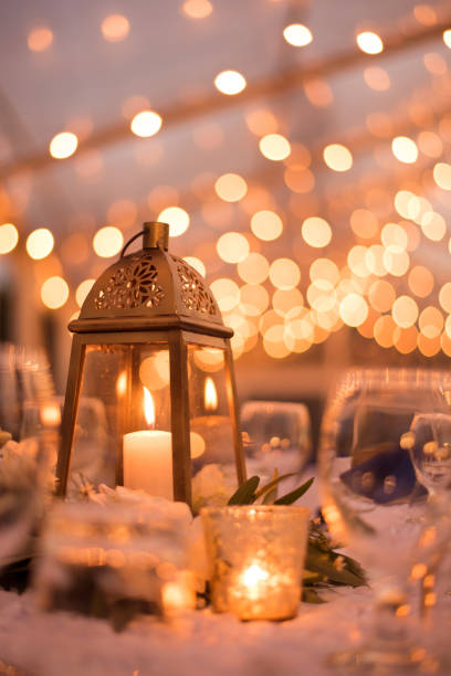 Close up of a Candle light on a wedding table