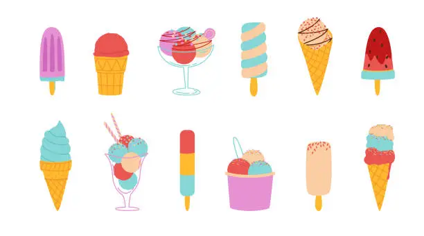 Vector illustration of Colorful ice cream vector set. Types of dessert. Corn, ice cream on a stick, waffle. Color minimalistic summer illustration