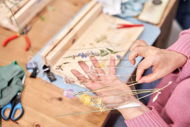 istock A woman lays out a composition. Master class on creating frame with Herbarium in tiffany technique in stained glass. Herbarium of dried different plants and flowers placed under a glass 1495019787