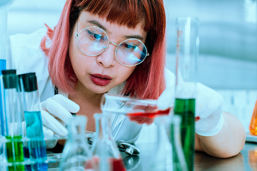 women scientist are working research and test chemical with test tubes in laboratory. medical science experimenting analysis biotechnology.