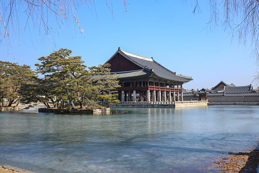 Gyeongbokgung Palace and its garden in Seoul, South Korea at different seasons. It includes the walls of the palace, the throne room, gates, tea house, pagoda and other majestic buildings part of the facility.