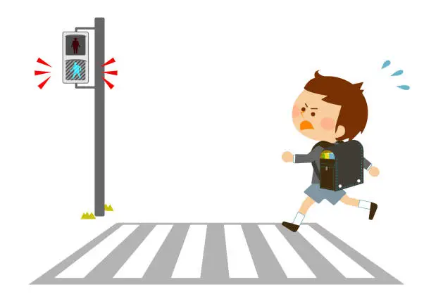 Vector illustration of Traffic safety Pedestrian light Children crossing the green flashing light