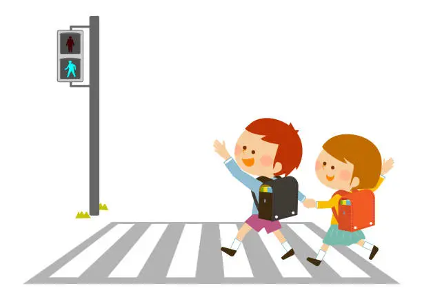 Vector illustration of Traffic safety Children crossing the pedestrian crossing