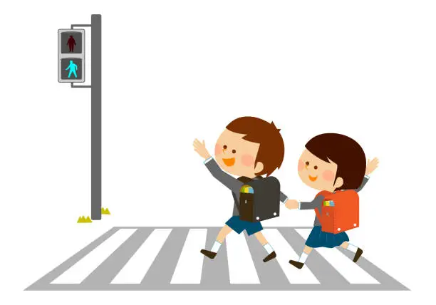 Vector illustration of Traffic safety Children crossing the pedestrian crossing