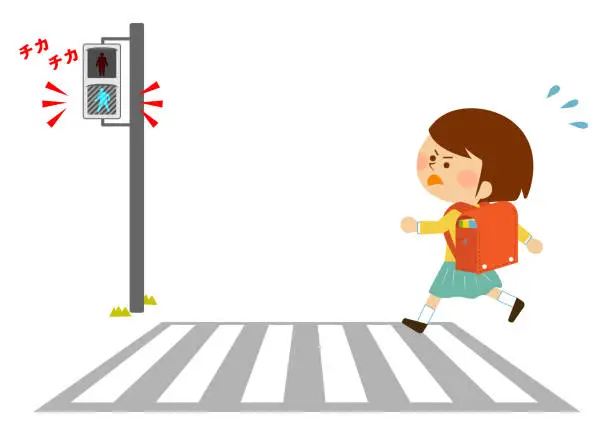 Vector illustration of Traffic safety Pedestrian light Children crossing the green flashing light