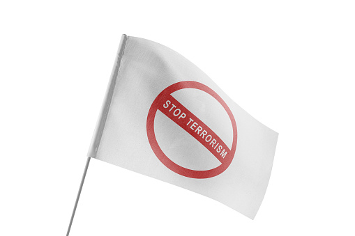 White flag with stop terrorism sign on white background