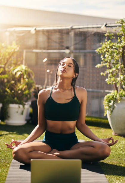 istock Feeling the sun on her face. A young woman sits meditating with a laptop computer in this stock photo. 1495026782