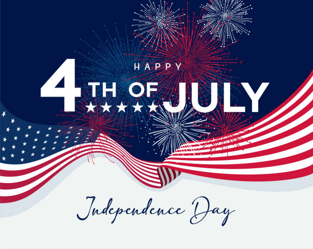 American flag on white background. Happy Independence Day. Colorful fireworks. Fourth of July. vector art illustration