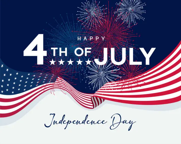 Vector illustration of American flag on white background. Happy Independence Day. Colorful fireworks. Fourth of July.