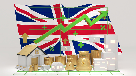 the United Kingdom , england, The country's economy is growing build wealth economic growth ,business and investment,3d rendering