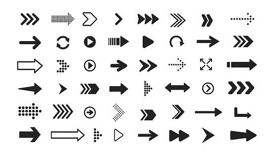 Vector arrow icons set. Collection of black arrows icons. Different cursor icons in flat style isolated on white background