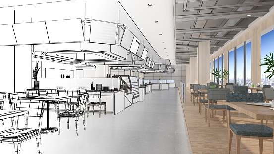 the food court, the ordering counter, and the seating,a combination of line drawings and color.,3d rendering
