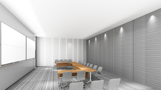 Front view of a modern white meeting room interior design with a large white meeting table, armchairs, large windows, and a white wall. 3d render, 3d illustration