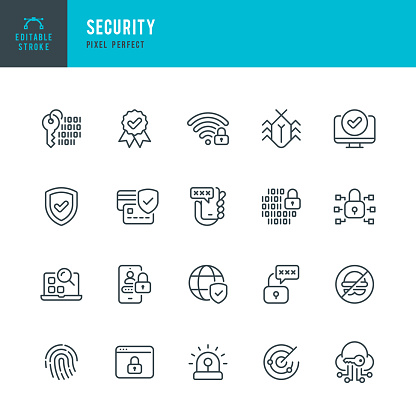SECURITY - set of vector linear icons. 20 icons. Pixel perfect. Editable outline stroke. The set includes a Digital Key, Data Encryption, Password, Biometrics, Authentication, Security Code, Fingerprint, Cloud Computing, Security System, Network Security, Wireless Network Protection, Browser Protection, Malware Searching.